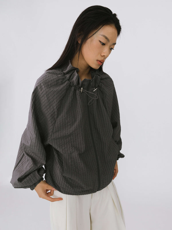 Cubic Short Jacket With Drawstring Neck White