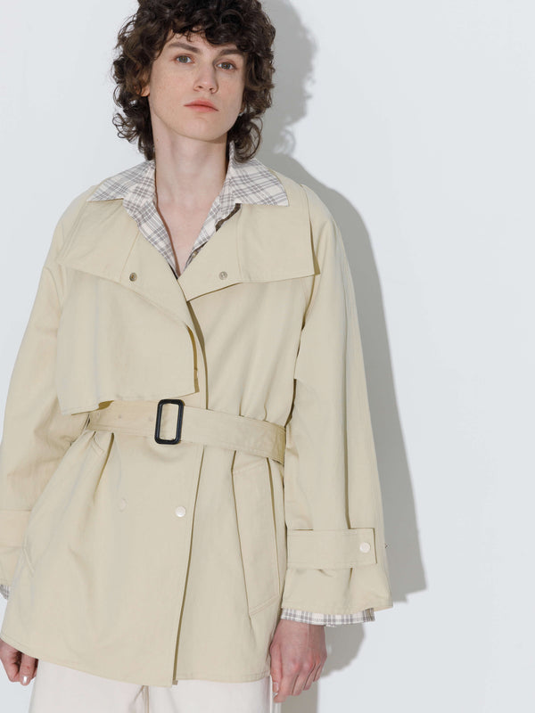 Cubic Short Length Belted Trench Coat Beige