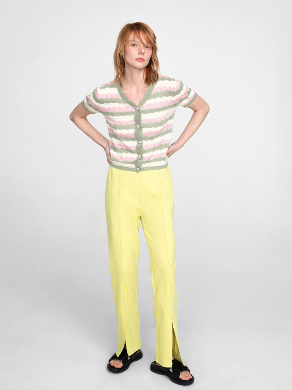 Cubic Short Sleeve Striped Knit Cardigan Crimson