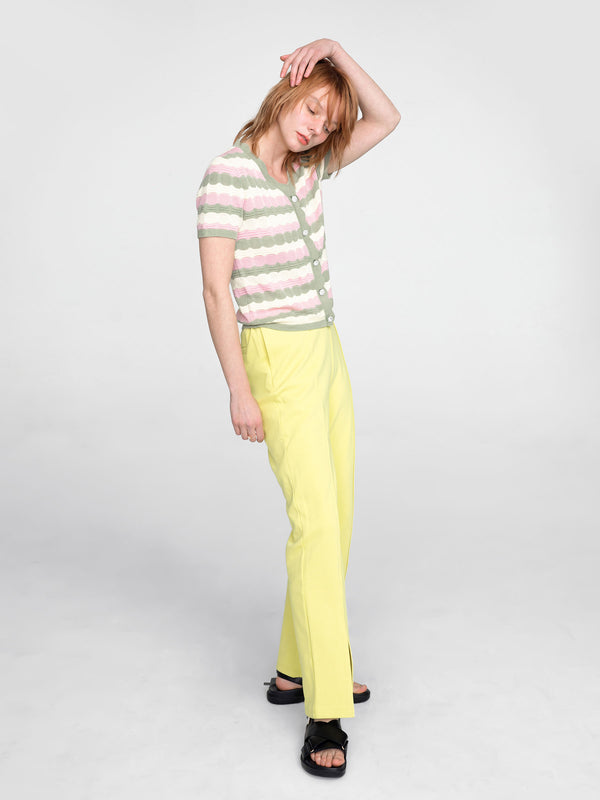 Cubic Short Sleeve Striped Knit Cardigan Crimson