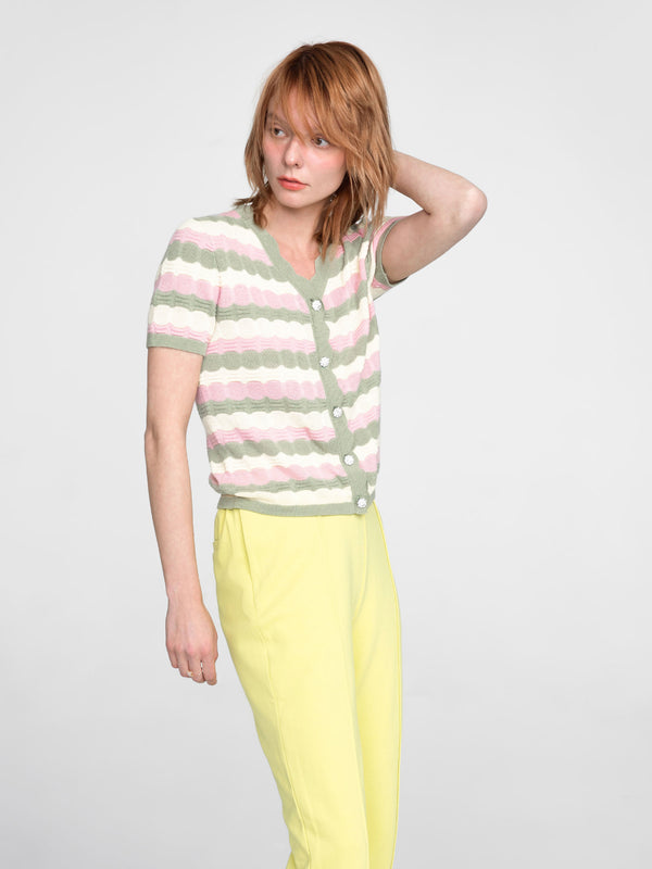 cubic Short Sleeve Striped Knit Cardigan Crimson