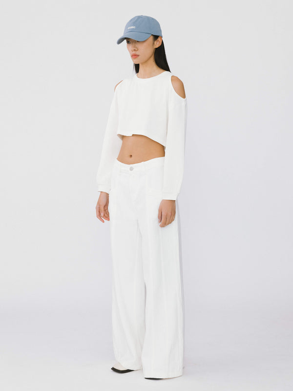 Cubic Shoulder Cut Out Crop Top White