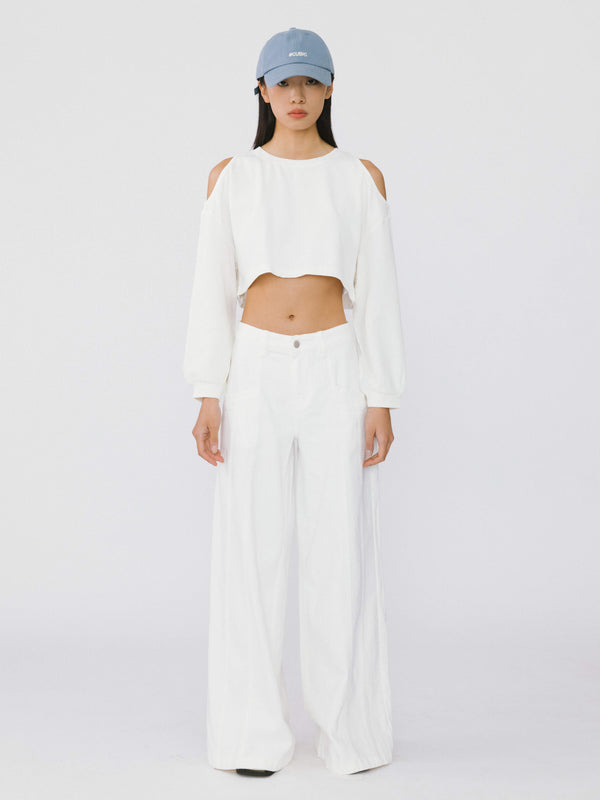 Cubic Shoulder Cut Out Crop Top White