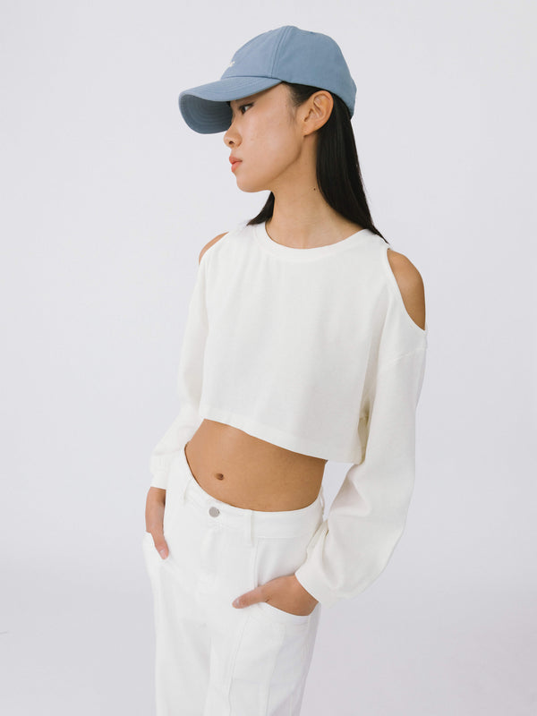 Cubic Shoulder Cut Out Crop Top White