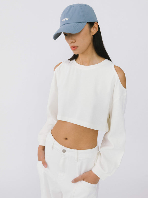 cubic Shoulder Cut Out Crop Top White