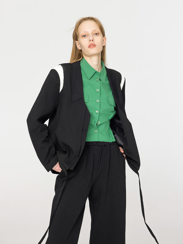 cubic Shoulder Panel Drawstring Blazer Tan