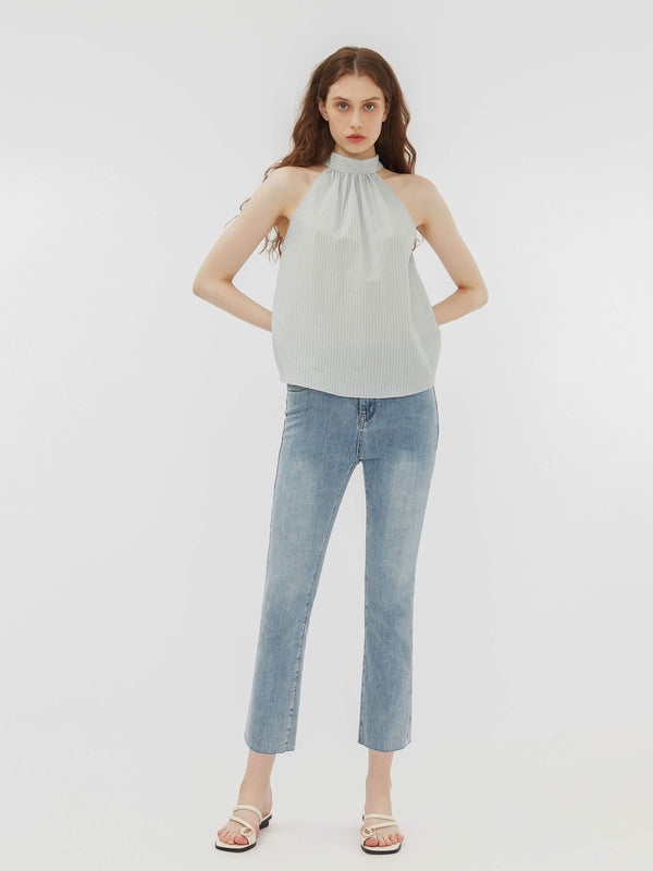 Cubic Side Slit Frayed Skinny Fit Jeans SteelBlue