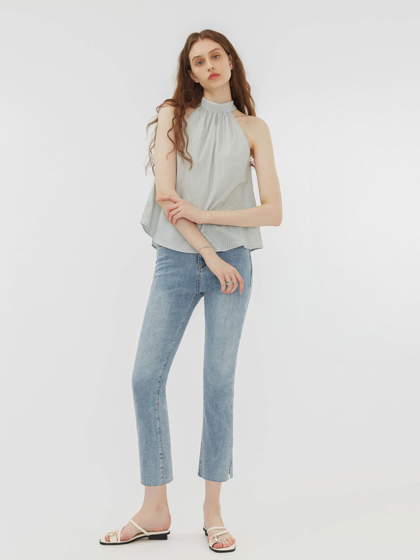 Cubic Side Slit Frayed Skinny Fit Jeans SteelBlue
