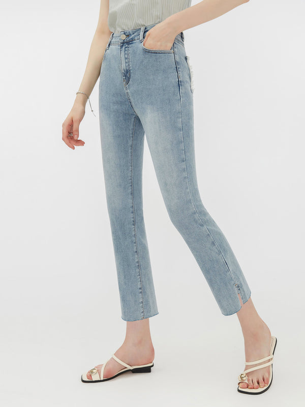 cubic Side Slit Frayed Skinny Fit Jeans SteelBlue
