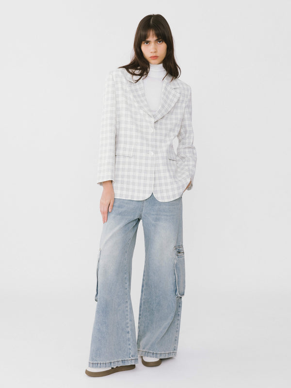 Cubic Single Breasted Plaid Oversized Blazer White