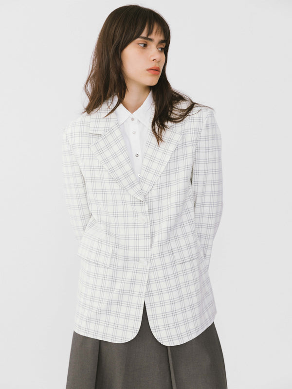 cubic Single Breasted Plaid Oversized Blazer White