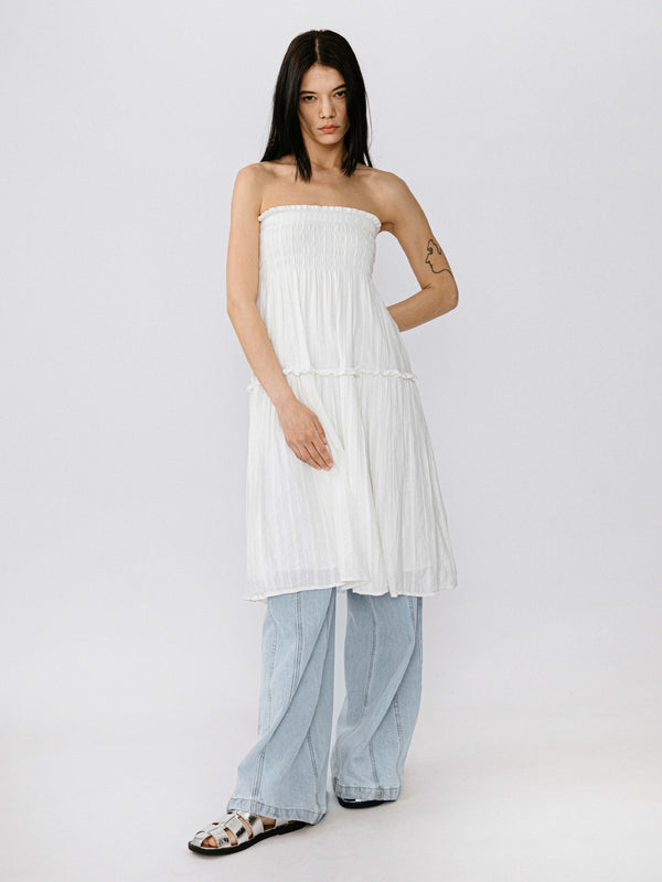 Cubic Single Tiered Smocked Midi Skirt White