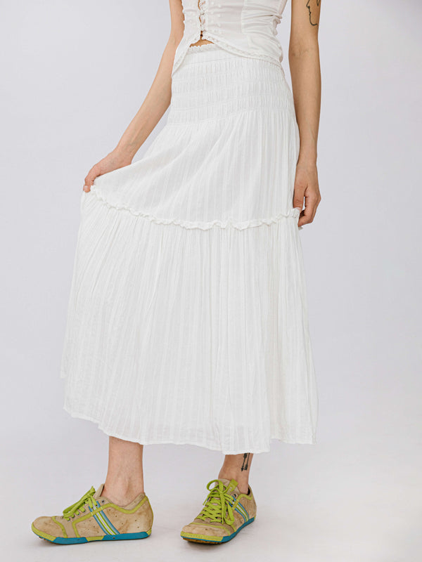 Cubic Single Tiered Smocked Midi Skirt White