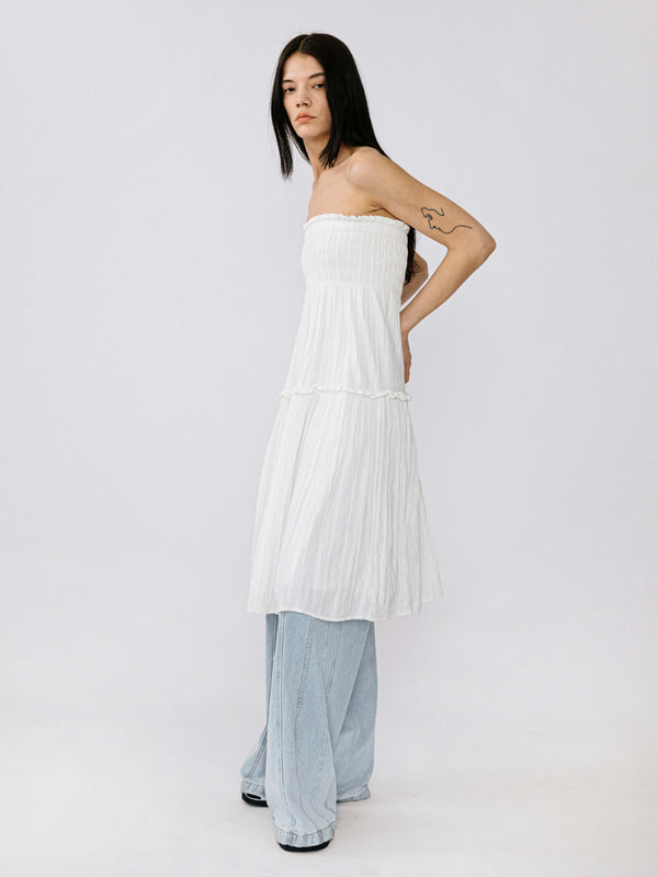 Cubic Single Tiered Smocked Midi Skirt White