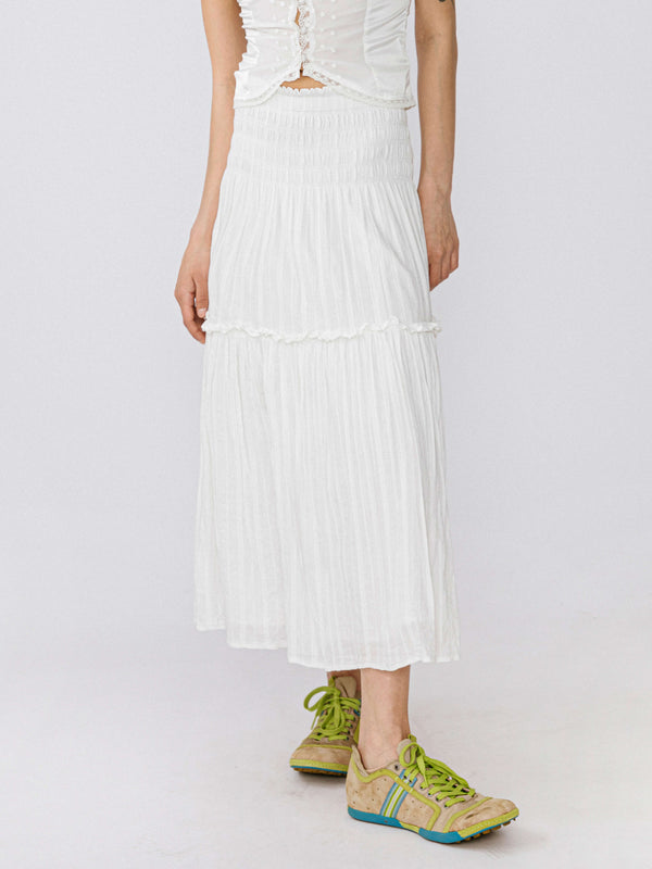 cubic Single Tiered Smocked Midi Skirt White