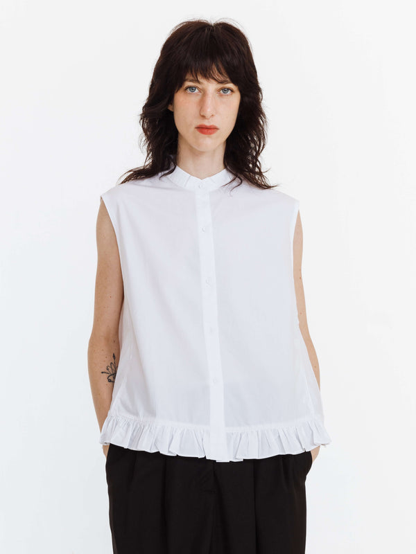 cubic Sleeveless Casual Top with Ruffled Hem White