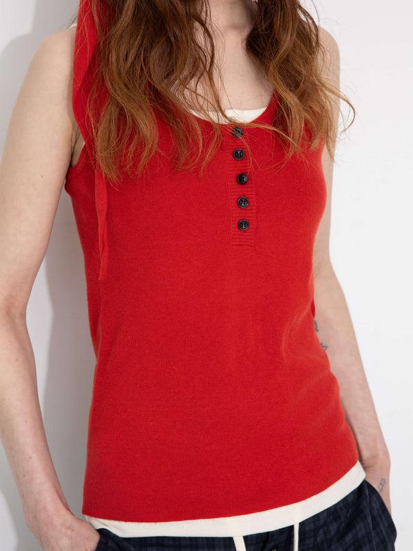 Cubic Slim-Fit Knit Henley Vest With Neck Tie Red