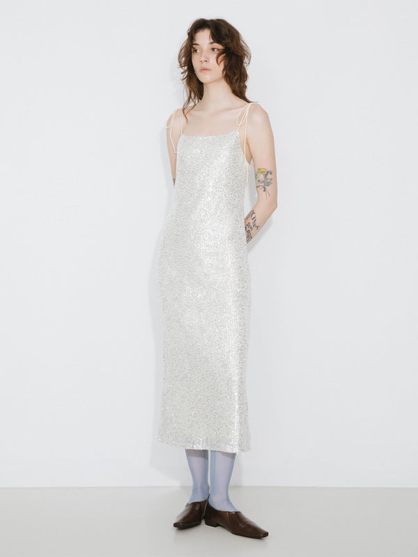 Cubic Slim Fit Sequin Sling Dress White
