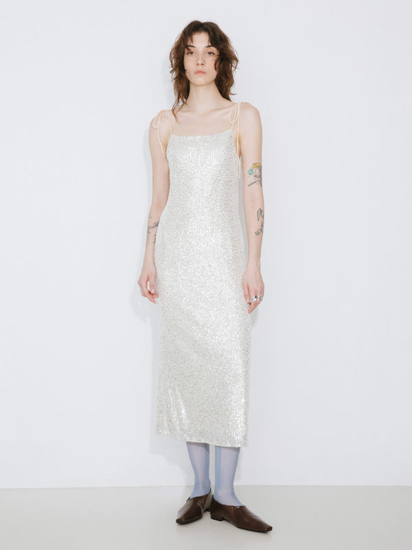 cubic Slim Fit Sequin Sling Dress White