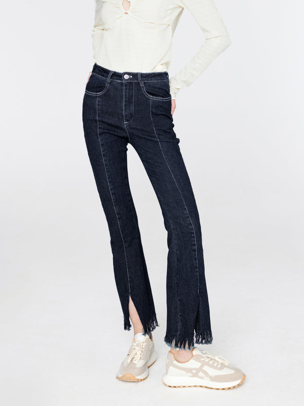 Cubic Slim Fit Slit Jeans With Raw Edge Hem Navy