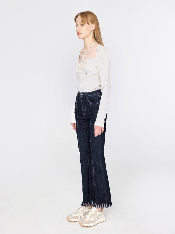 Cubic Slim Fit Slit Jeans With Raw Edge Hem Navy