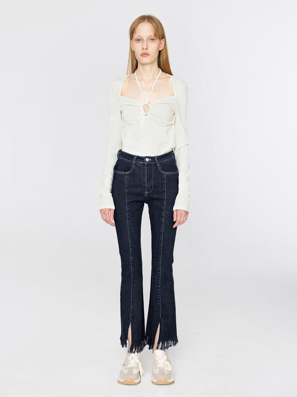 cubic Slim Fit Slit Jeans with Raw Edge Hem Navy