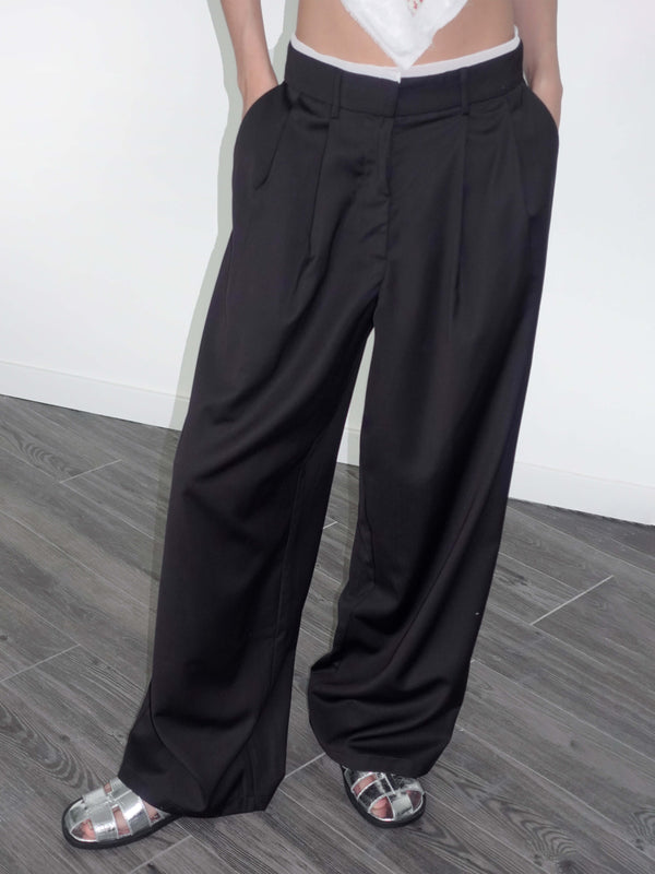 Cubic Slim Wide Leg Straight Casual Trousers Black