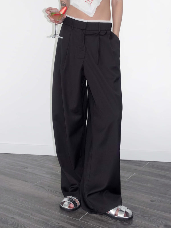 cubic Slim Wide Leg Straight Casual Trousers Black