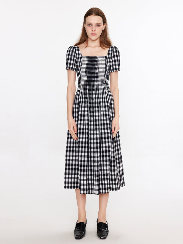 Cubic Square Neck Checkered Midi Dress Black