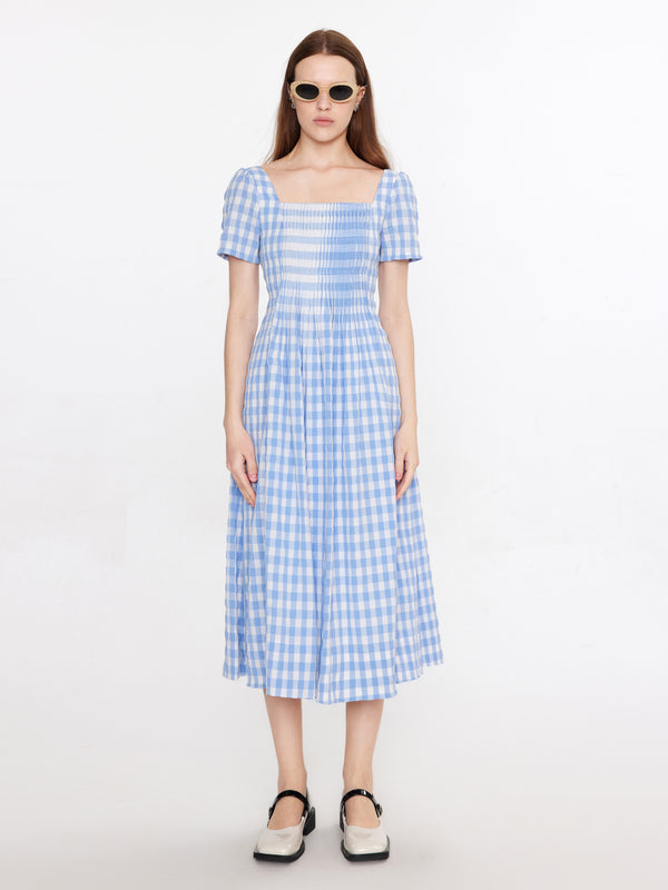 Cubic Square Neck Checkered Midi Dress Black