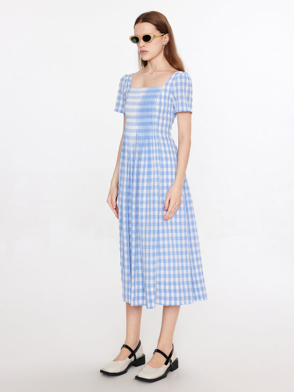 Cubic Square Neck Checkered Midi Dress Black