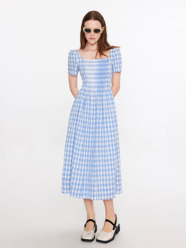 cubic Square Neck Checkered Midi Dress Black