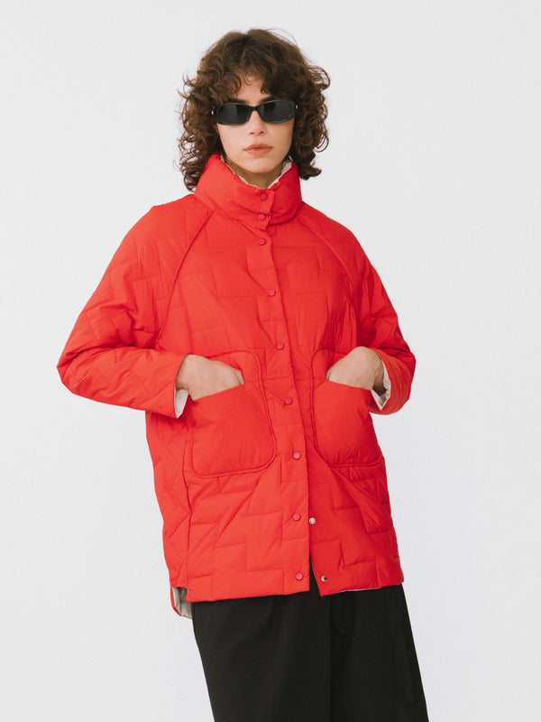 Cubic Stand Collar Buttoned Down Jacket Red
