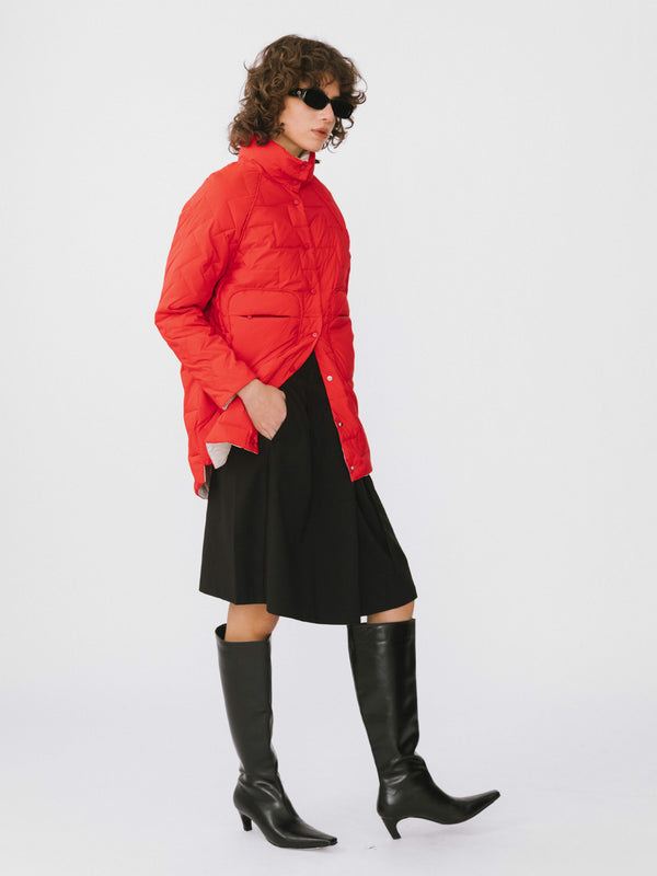 Cubic Stand Collar Buttoned Down Jacket Red