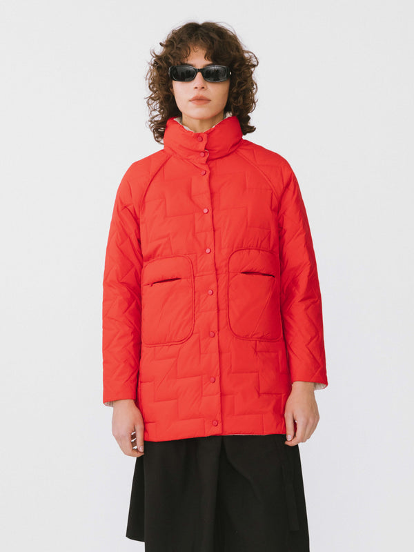 Cubic Stand Collar Buttoned Down Jacket Red