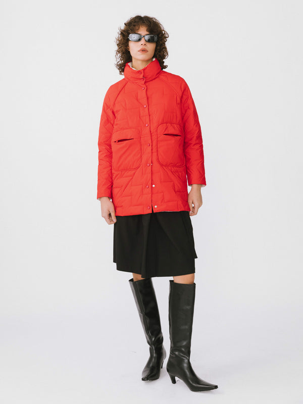 cubic Stand Collar Buttoned Down Jacket Red