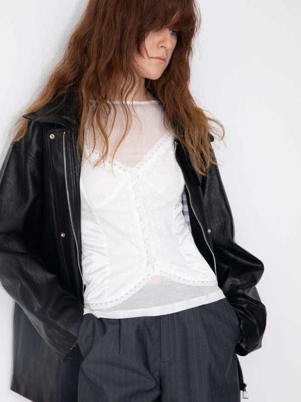 Cubic Stand Collar Oversized Leather Jacket Black