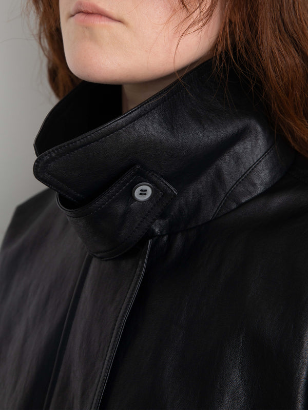 Cubic Stand Collar Oversized Leather Jacket Black