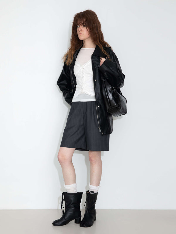 Cubic Stand Collar Oversized Leather Jacket Black