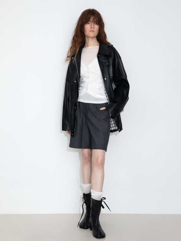 cubic Stand Collar Oversized Leather Jacket Black
