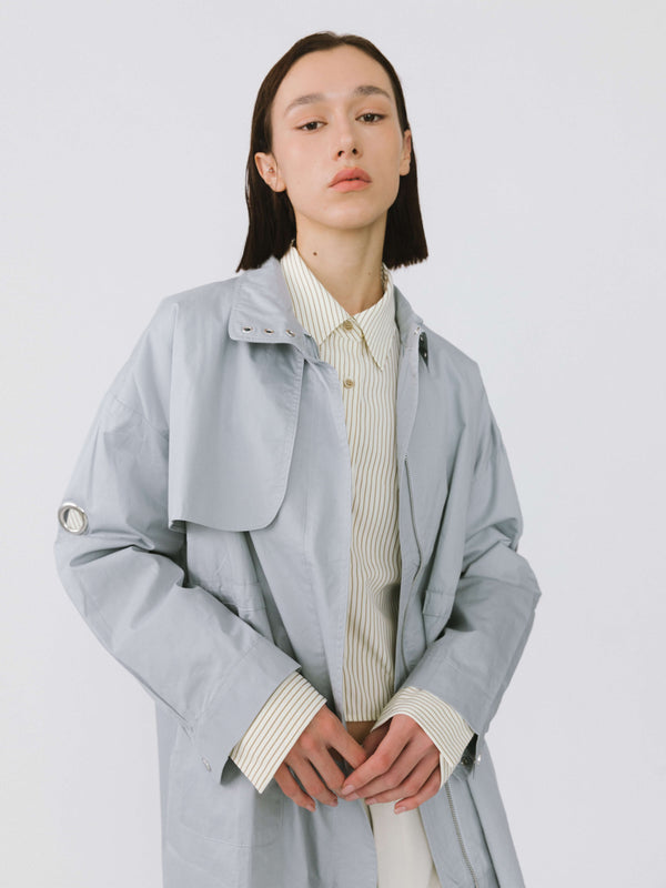 Cubic Stand-Up Collar Mid-Length Trench Coat Khaki