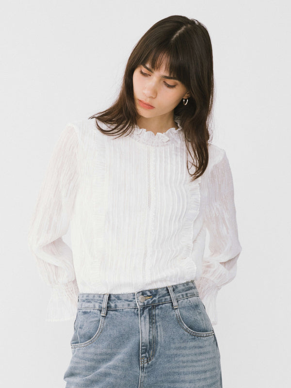 Cubic Stand Up Collar Ruffled Blouse White