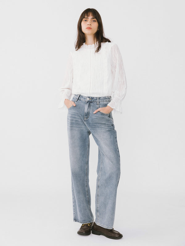 Cubic Stand Up Collar Ruffled Blouse White