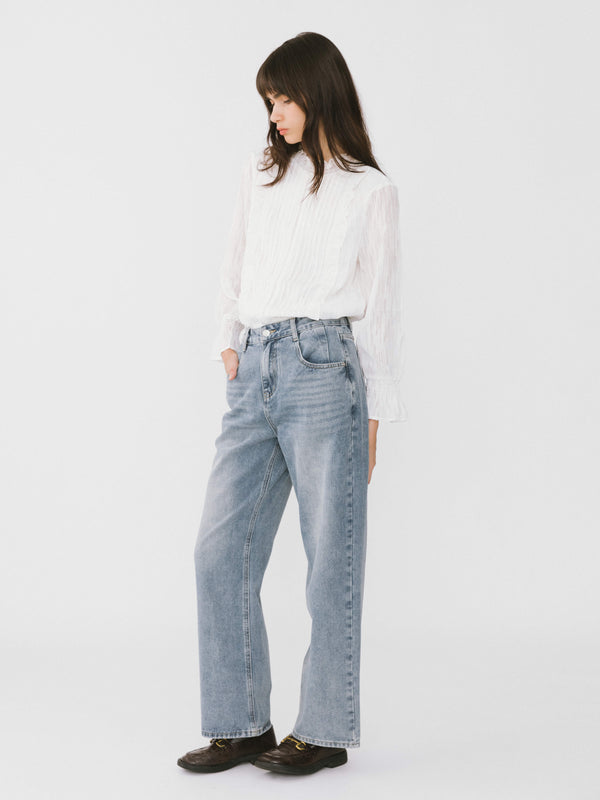 Cubic Stand Up Collar Ruffled Blouse White