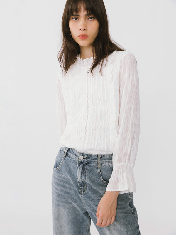 cubic Stand Up Collar Ruffled Blouse White