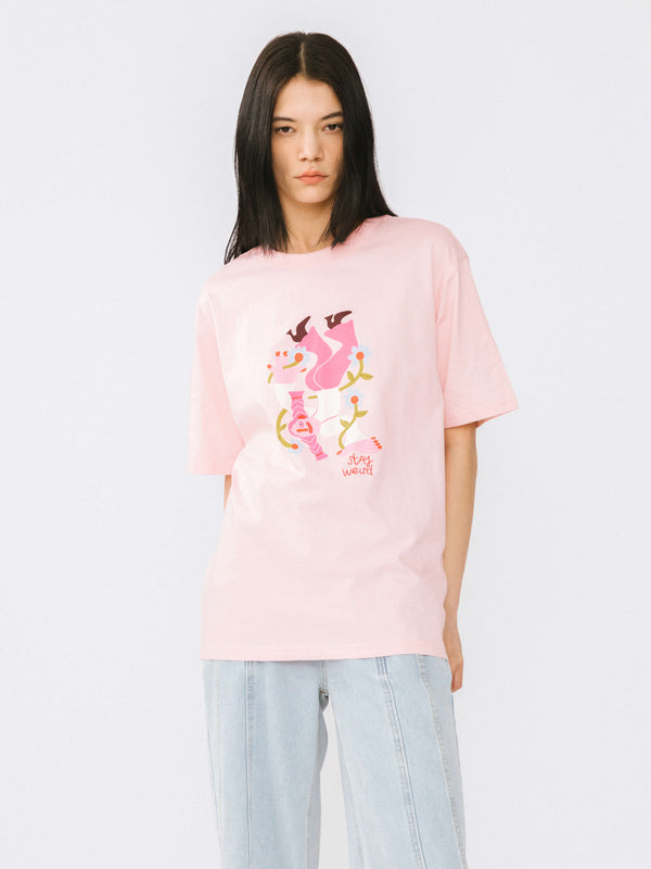 cubic "Stay Weird" Oversized Printed T-Shirt Pink