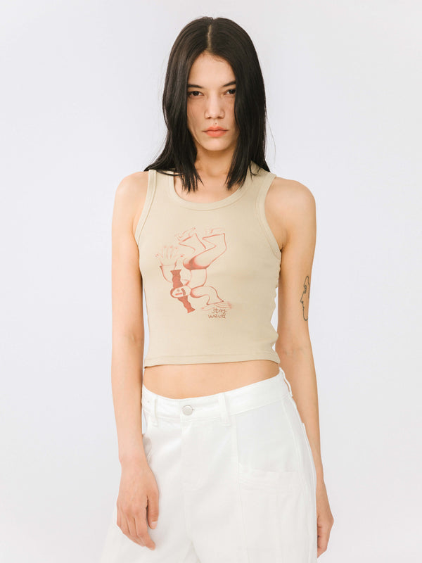 Cubic "Stay Weird" Printed Tank Top Khaki