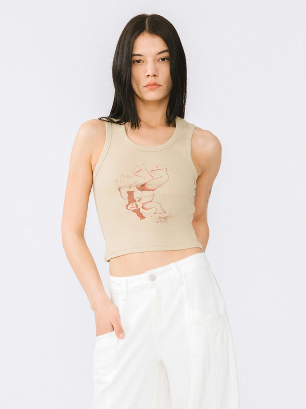 cubic "Stay Weird" Printed Tank Top Khaki