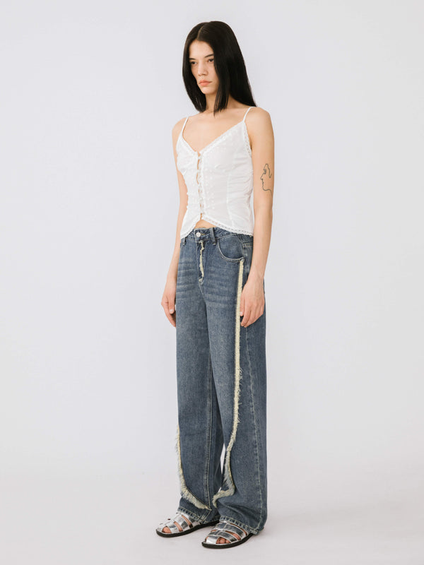 Cubic Straight Leg Distressed Detailed Jeans Blue