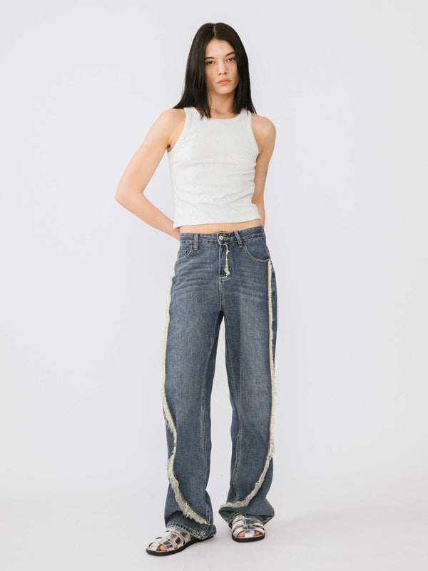 Cubic Straight Leg Distressed Detailed Jeans Blue